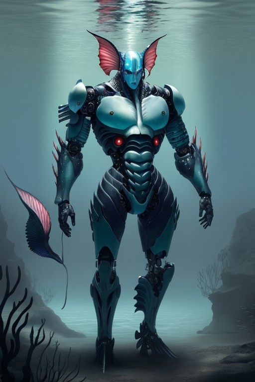 deepone hybrid (mutant with fins:1.2) pale skin wearing cyborg man standing underwater